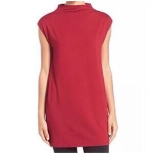 Eileen Fisher Red Mock Neck Cap Sleeve Tunic Top Sz XS